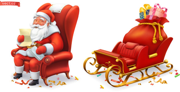 圣诞老人和雪橇与礼物3d图标图片下载