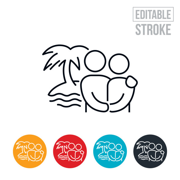 热带度假的夫妇站在海滩上抱着对方在他们的怀里细线图标-可编辑的笔画图片下载