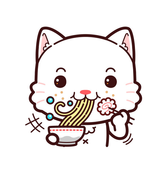 可爱的小白猫在吃拉面图片下载