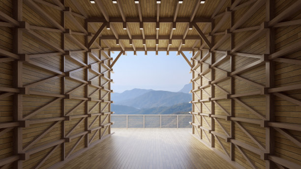 现代现代的空房间在木结构建筑中呈现出桁架结构的3d渲染图片下载