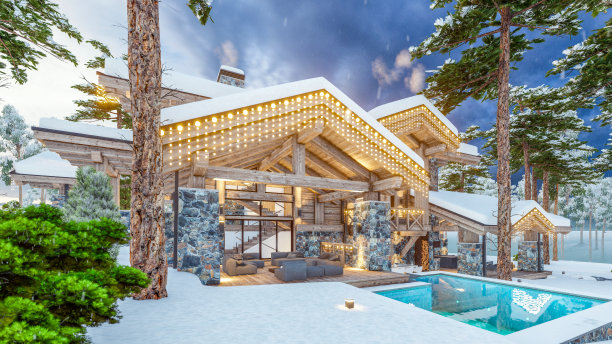 现代舒适的小木屋在新年假期图片下载