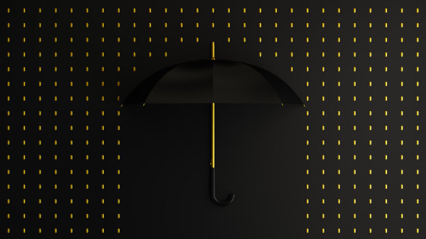 时尚设计缎面黑色雨伞的3D插图在一个重复图案的金色雨滴的丰富的蓝色背景图形设计图片下载