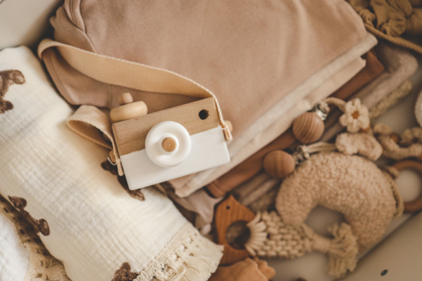 平铺美学斯堪的纳维亚新生婴儿服装，婴儿护理用品，玩具堆放在储物架上。时尚优雅的中性粉彩婴儿时尚套装。俯视图图片下载