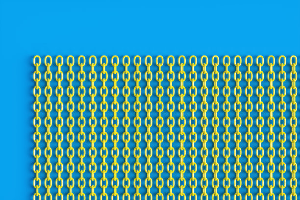 蓝色背景上黄色链子的波普艺术。3 d渲染插图。图片下载