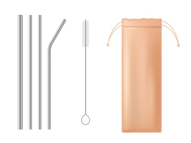 吸管喝。现实的饮料管道。银的鸡尾酒。钢质直、弯工具。清理拉杆刷和储物袋。“零浪费”。矢量生态酒吧配件套装图片下载