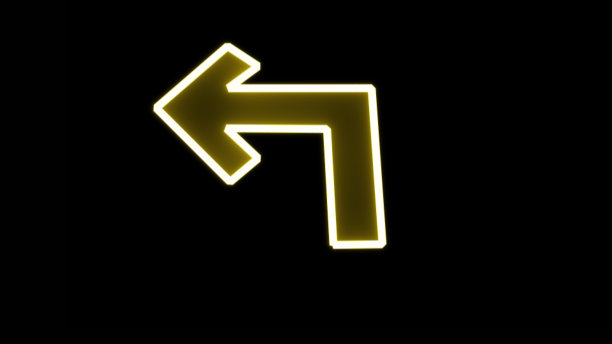 交通黄色霓虹灯，左转，现代扁平简单的箭头孤立。向下箭头标志。方向交通标志。导航的概念。矢量图图片下载