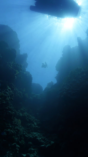 一名自由潜水员在阳光下游泳的水下照片。图片下载