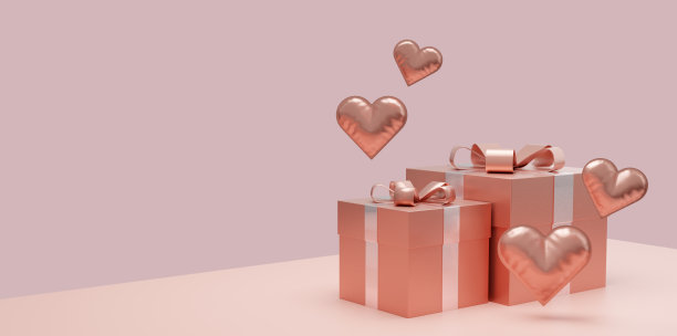 心与礼盒拷贝空间。红心飞行元素在粉红色背景3D渲染图片下载