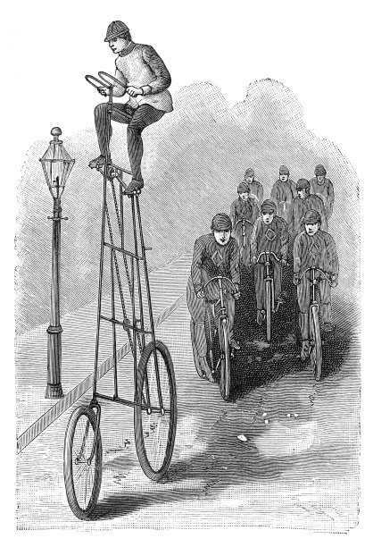 1895年，在纽约，一名男子驾驶一辆前轮破自行车图片下载