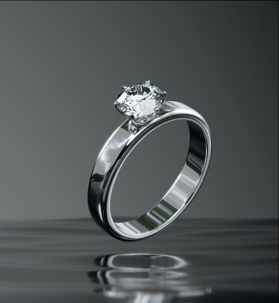一枚铂金钻戒漂浮在水面上。从设计到3D渲染。图片下载
