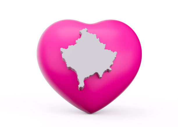 三维粉红色的心与三维科索沃白色地图孤立在白色背景三维插图图片下载