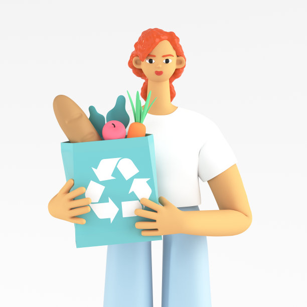 一名妇女手里拿着一包生态材料和一套蔬菜。为了保护地球的自然和生态，他购买环保食品。3d渲染插图。图片下载