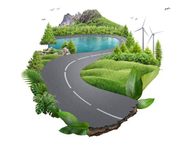 公路旅行的3D插图。岛上的树。生态设计理念。绿色景观。副本的空间。风力涡轮机和太阳能。图片下载