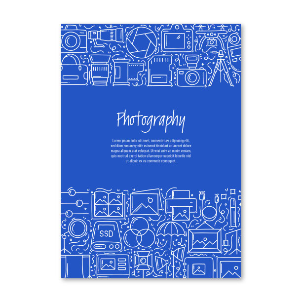 摄影相关的对象和元素。手绘矢量涂鸦插图集合。海报，封面模板与不同的摄影对象图片下载