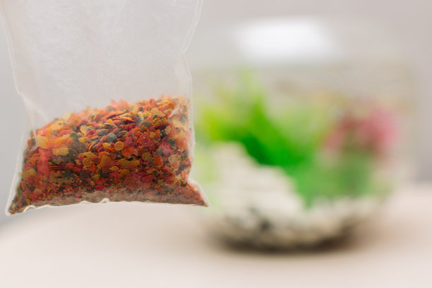 前景中为观赏鱼准备的一袋食物。背景中有一个水族馆。饲养、关爱宠物的理念。特写照片图片下载
