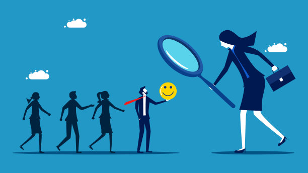 招募心情好的人。女商人用放大镜挑选善良的求职者图片下载