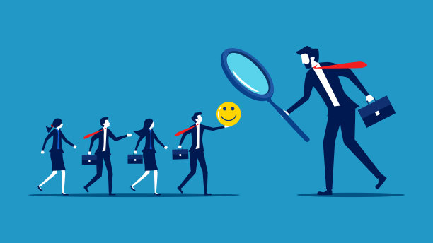 招募积极向上的人。商人用放大镜挑选心地善良的求职者图片下载