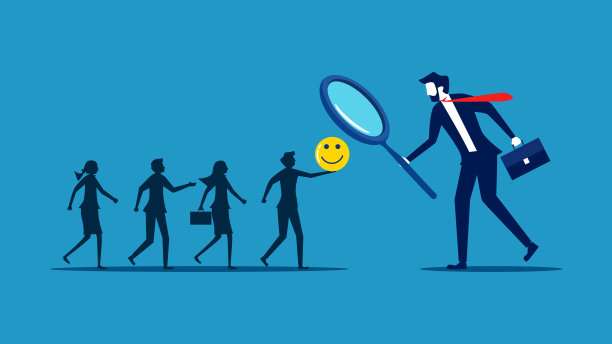 招募心情好的人。商人用放大镜挑选心地善良的求职者图片下载