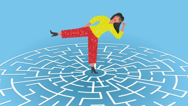 女人，在复杂的人生抉择中的女孩。用放大镜搜索。维16:9。矢量插图。图片下载