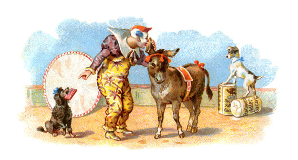 小丑与驴子和狗在马戏团新艺术插图图片下载