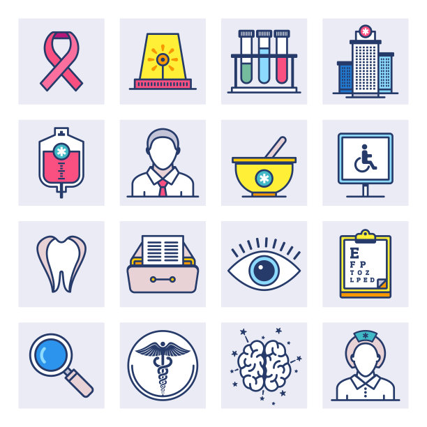 医疗保险受益人医院平面线风格矢量图标设置图片下载