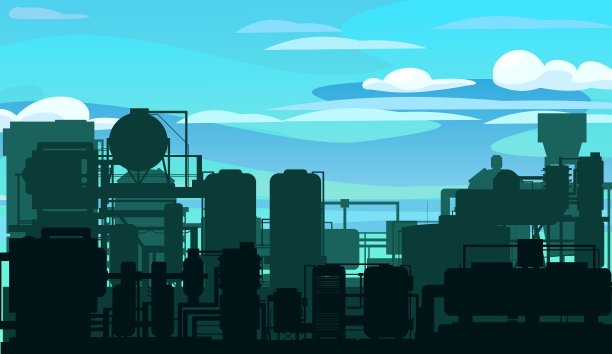 生产工厂。蓝色的天空。对象的轮廓。工业技术设备。工厂的化学物质。一天的风景。现代科技企业。向量图片下载