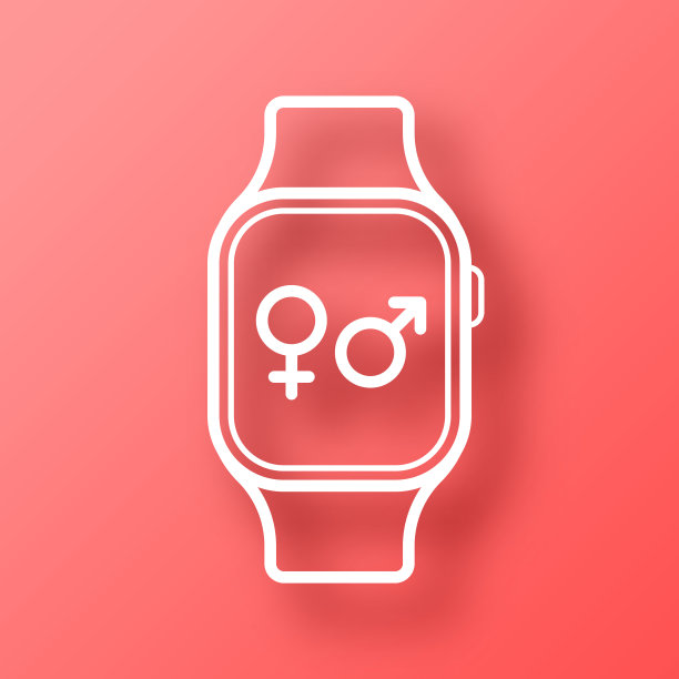 带有性别符号的智能手表。图标在红色背景与阴影图片下载