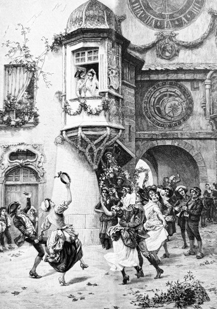 一对年轻的新婚夫妇望向窗外，被朋友们欢呼着在街上跳舞图片下载