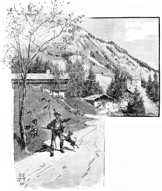 猎人带着狗走在村子后面图片下载