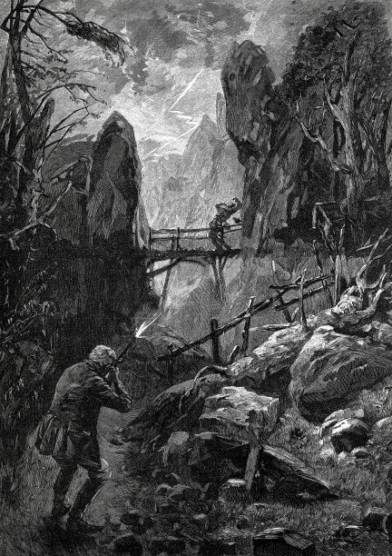 一名男子在一座木桥上向另一名男子射击图片下载