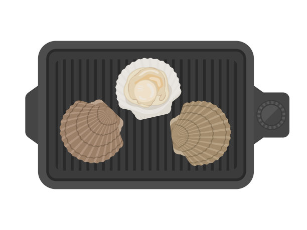 在热盘子上烤的扇贝。图片下载