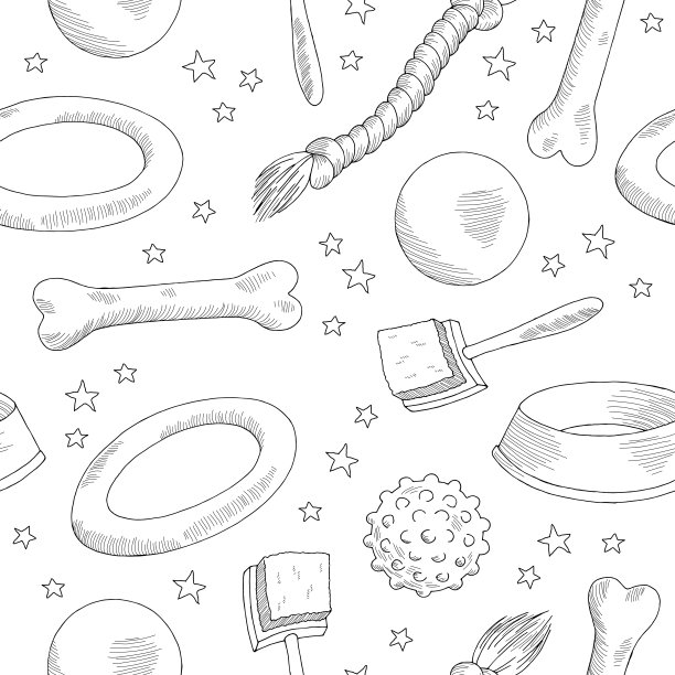 狗玩具无缝图案宠物黑白素描插图矢量图片下载