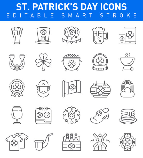 圣帕特里克节图标。可编辑的中风集合图片下载