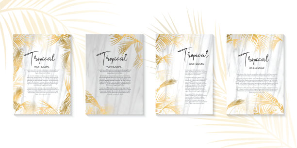 优雅的热带设计模板与大理石纹理和金色棕榈叶套四图片下载