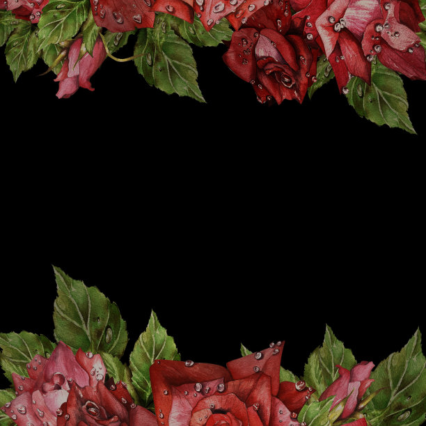 雨后鲜红的玫瑰。水彩插图集。适合明信片、请柬和设计图片下载