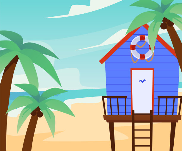 背景与平房或救生员的房子在海滩上，平面矢量插图。图片下载