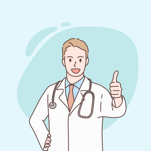 专业的年轻男医生用大拇指向上的手，展示了一个成功的手术装饰。手绘风格。矢量插图隔离图片下载