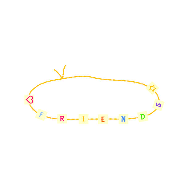 手镯、饰有“朋友”、“快乐”、“爱”字样的小饰品，颜色鲜艳，带有90年代的风格。Kidcore美学，y2k风格。时尚的棉花插图，社交媒体营销，品牌，包装，封面。矢量艺术图片下载