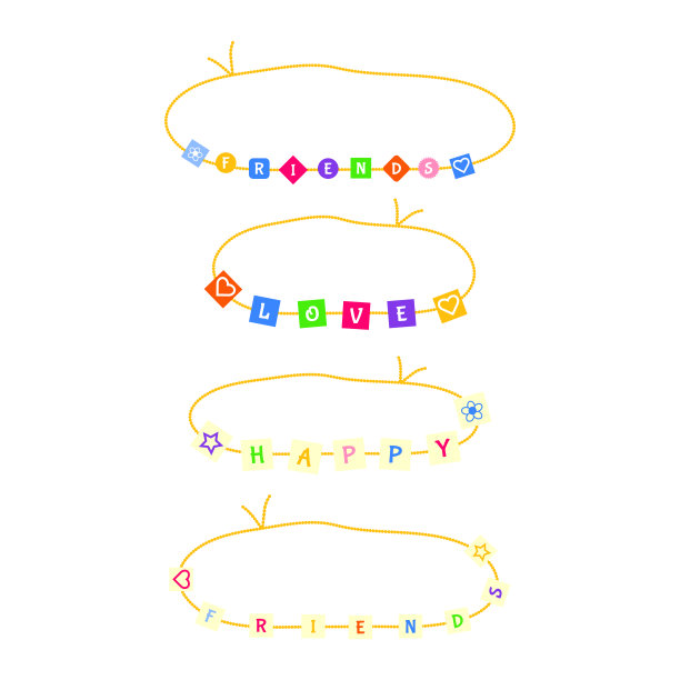 手镯、饰有“朋友”、“快乐”、“爱”字样的小饰品，颜色鲜艳，带有90年代的风格。Kidcore美学，y2k风格。时尚的棉花插图，社交媒体营销，品牌，包装，封面。矢量艺术图片下载