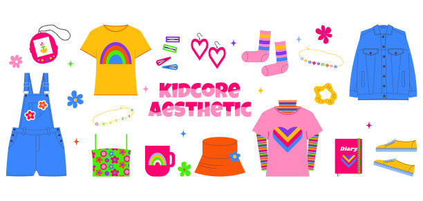 为女孩准备的90年代风格的衣服、鞋子、袜子、巴拿马和配饰。Kidcore美学，y2k风格。时尚的棉花插图，社交媒体营销，品牌，包装，封面。矢量艺术图片下载