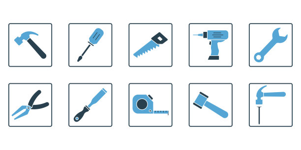 木工集图标。与手工工具相关的图标。包含锤子、螺丝刀、锯子、钻头等图标。固体图标样式。简单的矢量设计可编辑图片下载