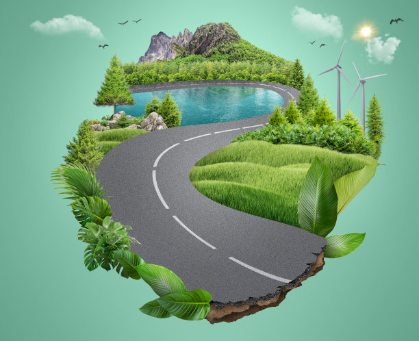 公路旅行的3D插图。岛上的树。生态设计理念。绿色景观。副本的空间。风力涡轮机和太阳能。图片下载