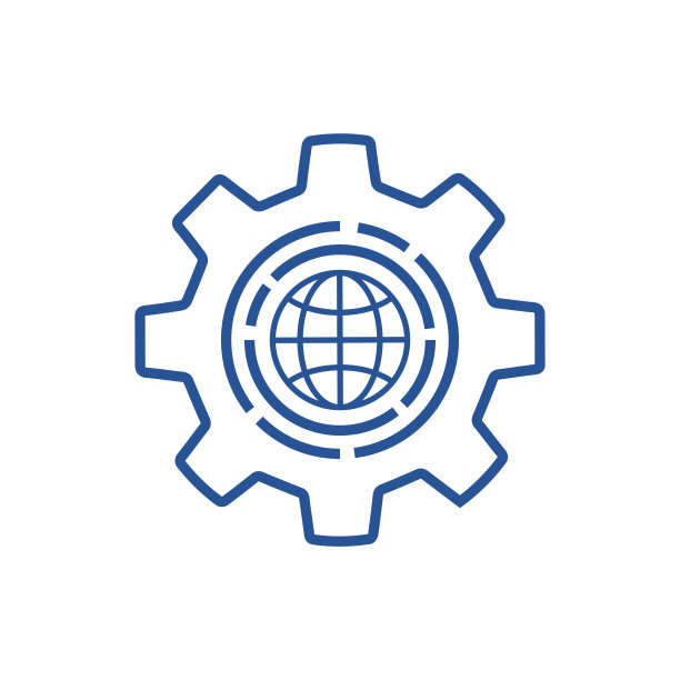 蓝色全球工业图标与细线齿轮和地球仪。平面线性趋势现代图形笔画设计网页元素孤立在白色上。国际科技公司徽章或技术工作的概念图片下载