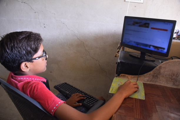 一个男孩正在用鼠标和键盘操作电脑，他正看着电脑系统里的图片。图片下载