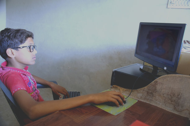 一个男孩正在用鼠标和键盘操作电脑，他正看着电脑系统里的图片。图片下载