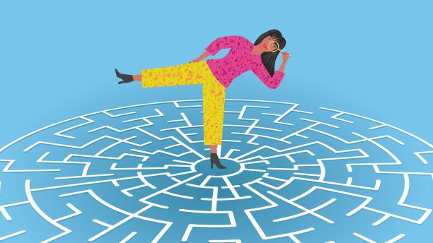 女人，在复杂的人生抉择中的女孩。用双筒望远镜搜索。维16:9。矢量插图。图片下载