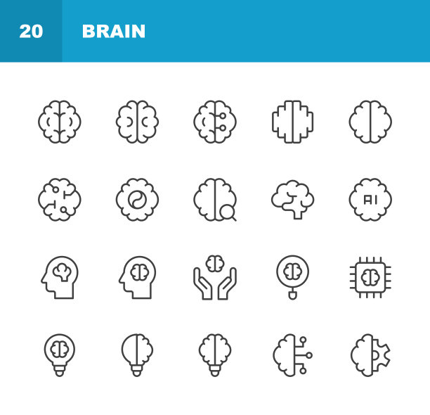大脑线性图标（包含AI、人工智能、深度学习、抑郁、医生、健康、机器学习、医学、记忆、心理健康、压力、支持、治疗等）图片下载