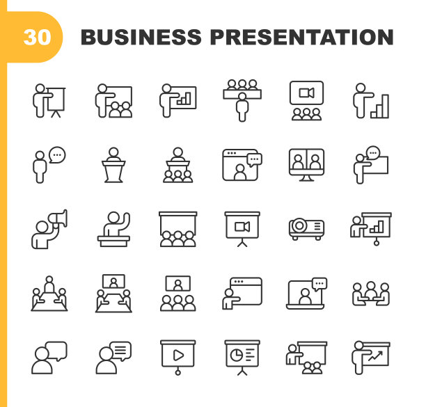业务演示线图标。可编辑的中风。包含商务男士、商务女士、领导力、报告、沟通、商务会议、演示、聊天、视频会议、成功、图表、研究等图标。图片下载