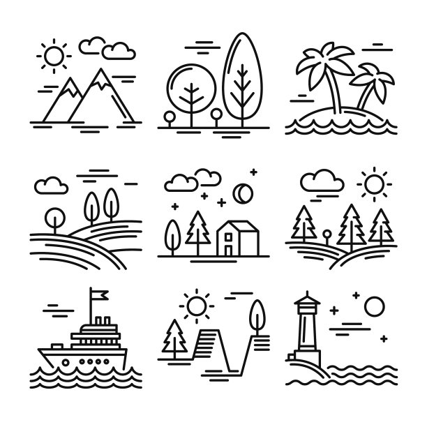 自然景观线图标设置在白色图片下载