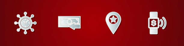 设置时钟和齿轮，现金返还，位置与星和非接触支付图标。向量图片下载